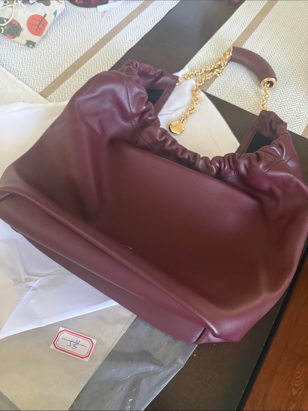 Burgundy Leather Shoulder Bag with Gold Chain Handle
